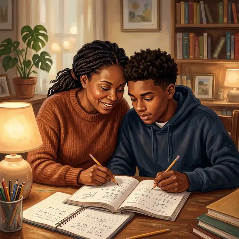 Mother and son focused on SAT tutoring together at a home desk with warm lighting.