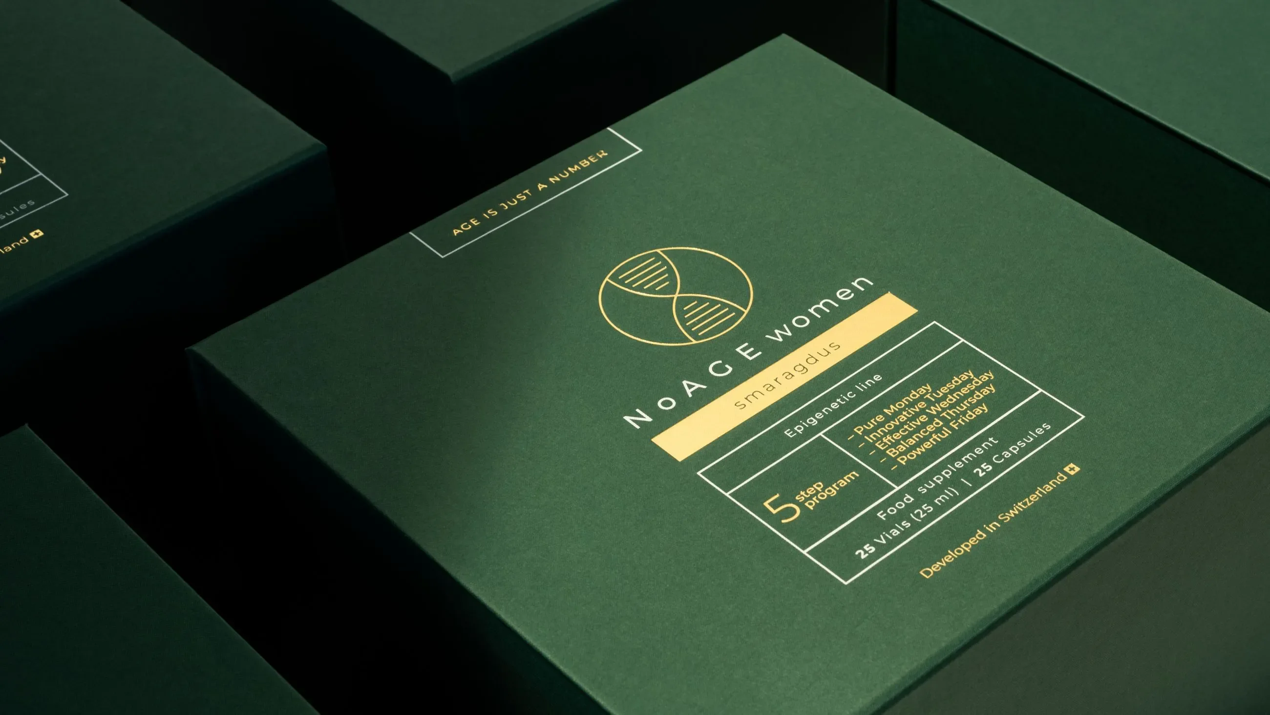 Premium dark green NoAGE Women Smaragdus packaging case manufactured by Bigso, featuring gold text and epigenetic program details, designed for luxury supplement presentation.