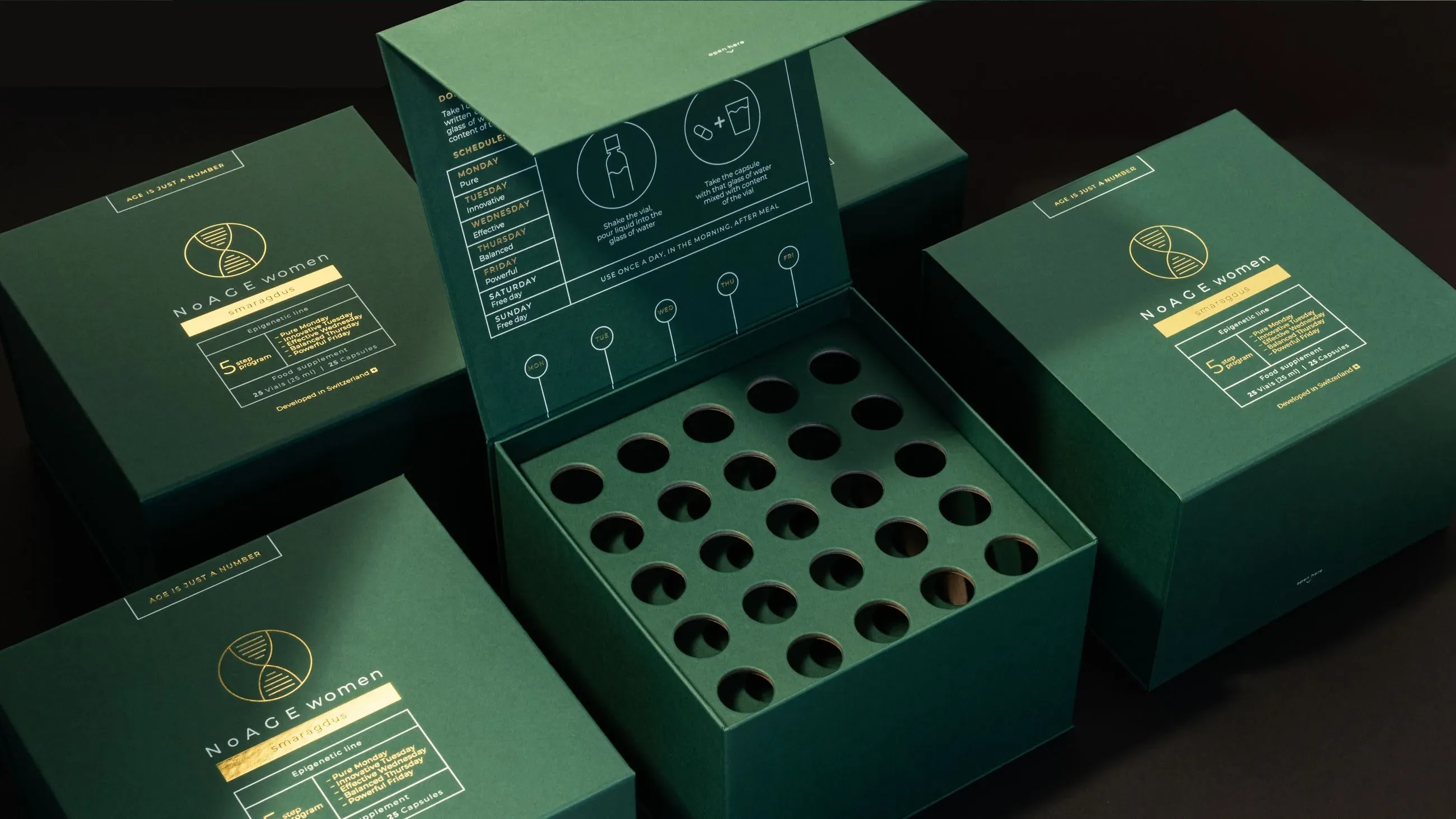 Open luxury NoAGE Women Smaragdus packaging case manufactured by Bigso, revealing organized vial compartments and printed usage instructions, designed for premium supplement presentation.