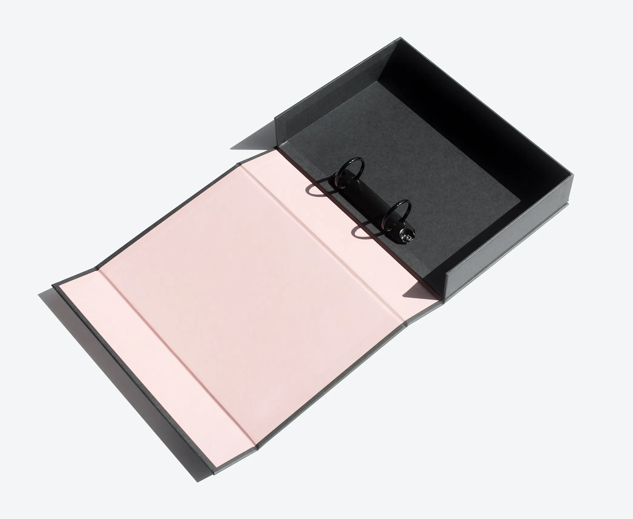 Bigso black and pink ring binder box file with open lid, designed for stylish document storage and organization.