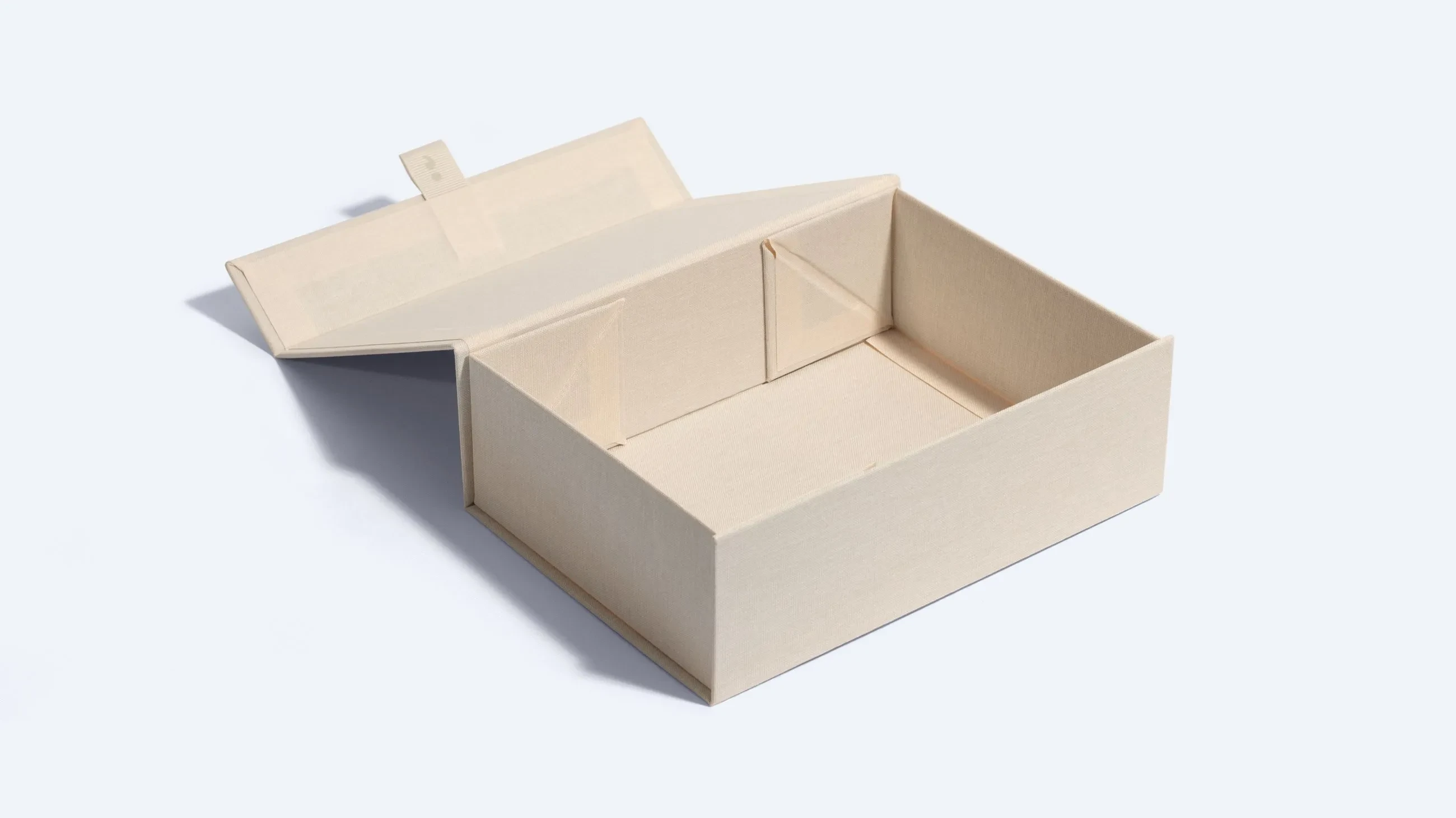 Beige collapsible rigid box shown open, with reinforced corners and a foldable lid.