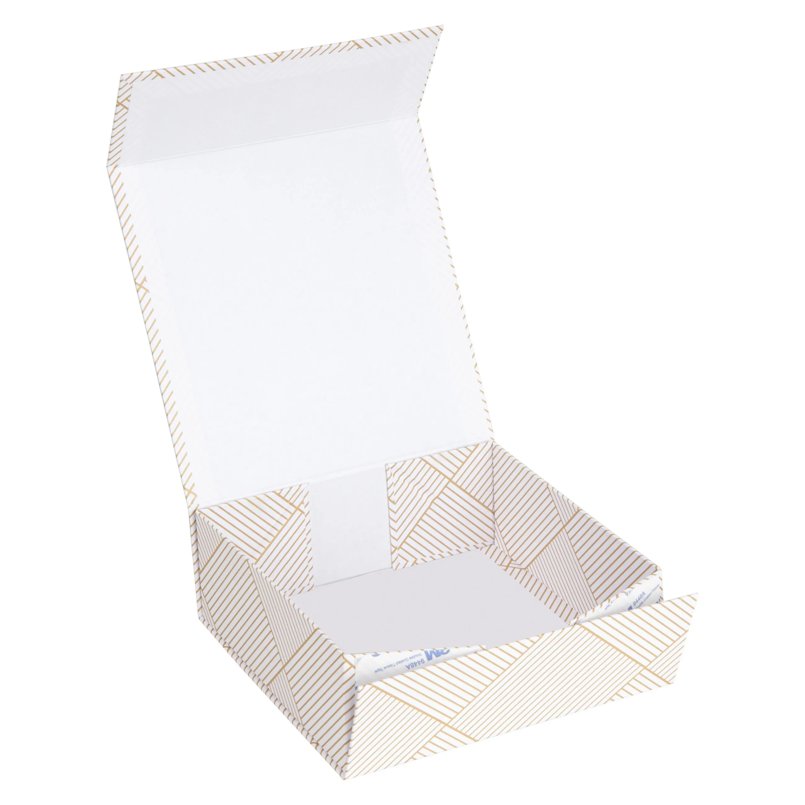 Patterned collapsible rigid box with lid open, featuring diagonal gold lines on a white background.