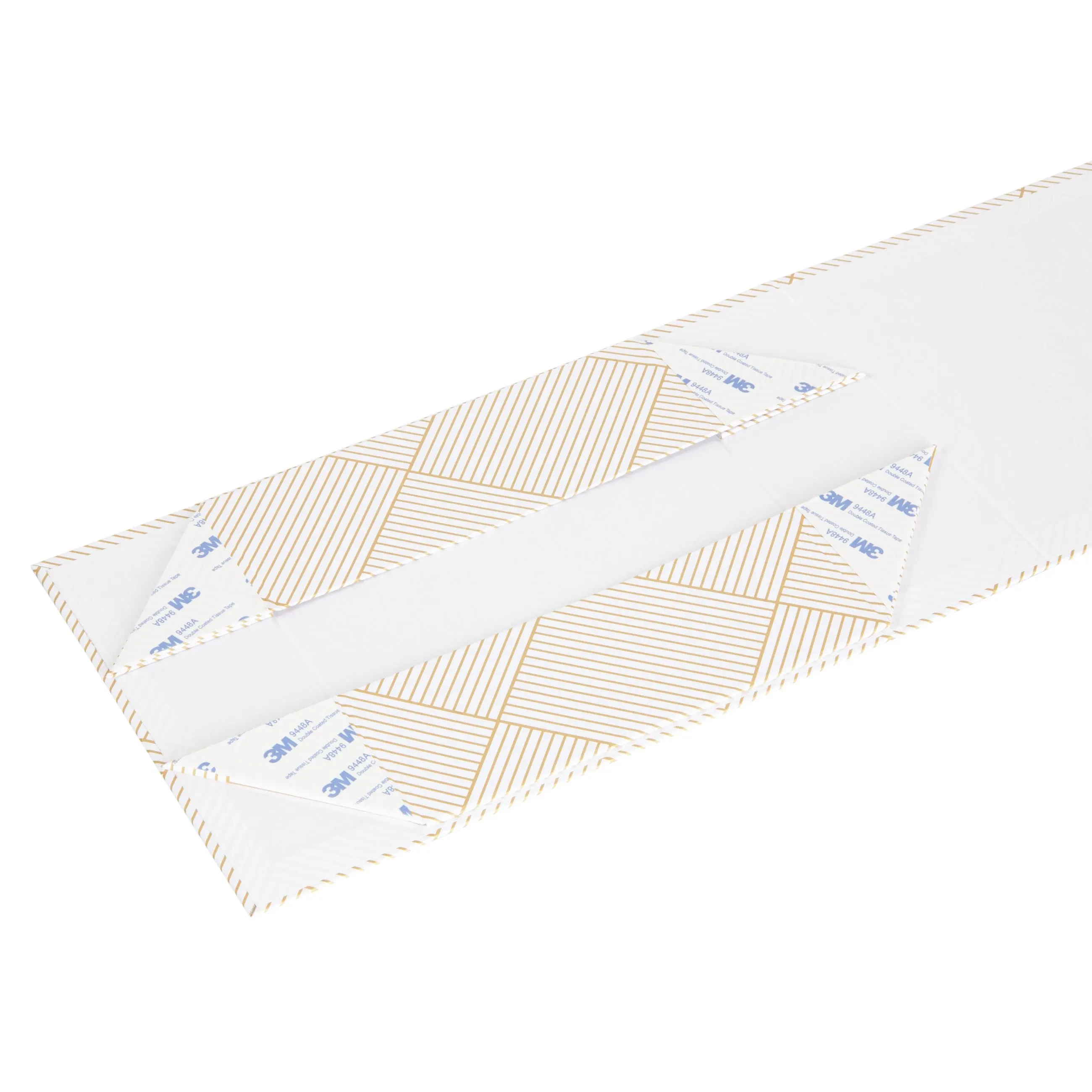 Foldable collapsible rigid box displayed flat, showing adhesive strips for assembly.