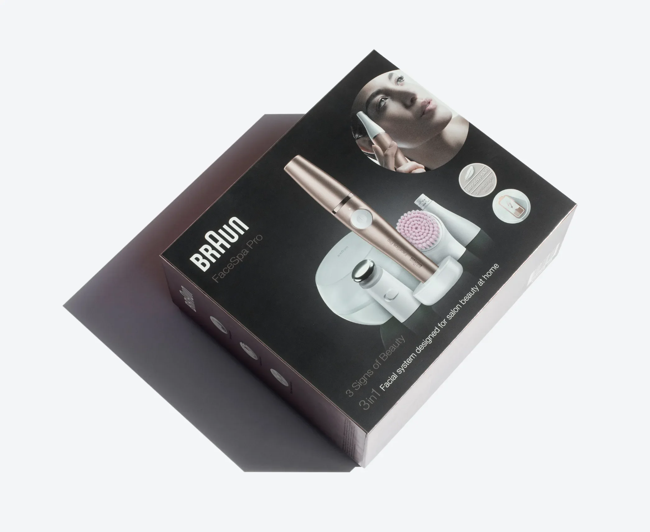 Black rigid lid and base box with Braun branding and printed product imagery, designed for retail display.