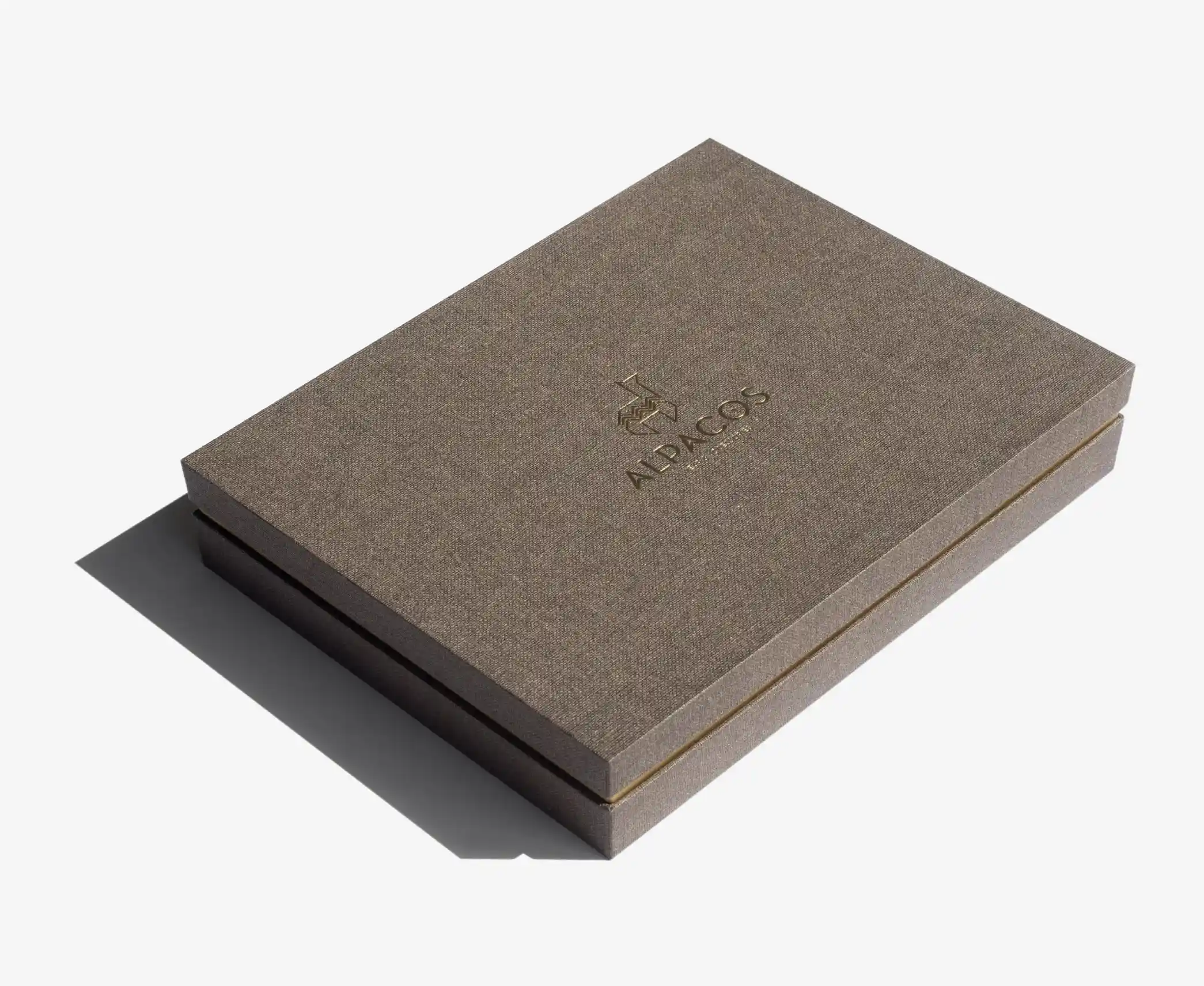 Brown textured rectangular neck box – A premium brown rigid neck box with a subtle fabric-like texture and gold-foil branding on the lid.