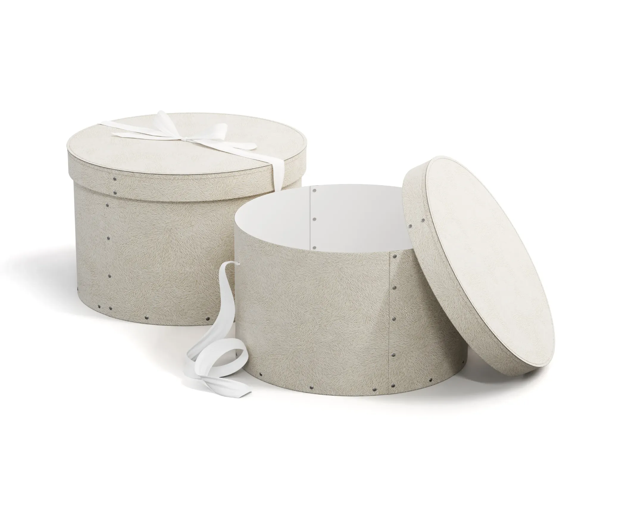 Luxury Round Gift Box with Lid – White round rigid box with ribbon and rivet details, perfect for premium gift packaging and floral arrangements.