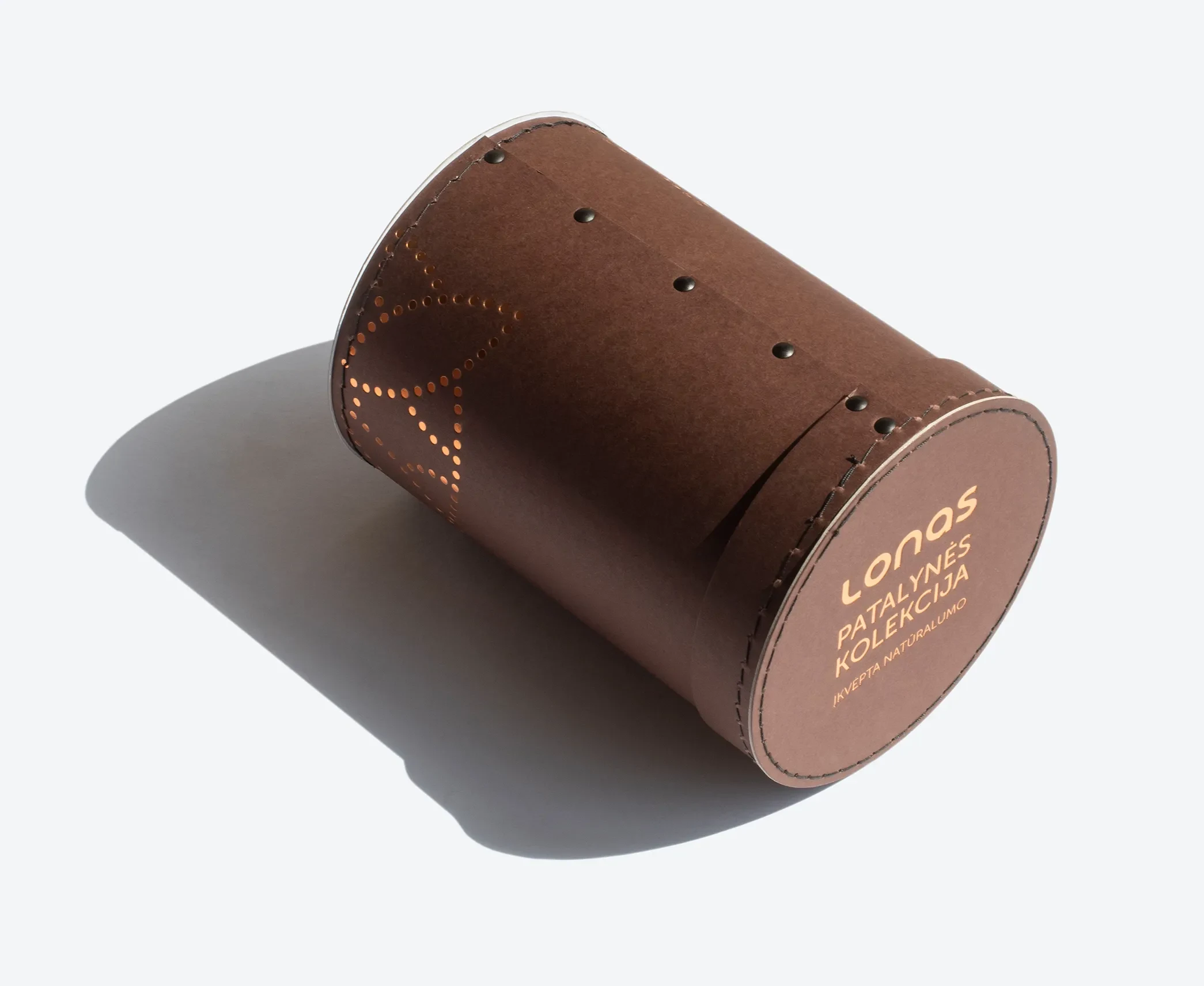 Rigid Round Box with Gold Foil Logo – Brown cylindrical packaging box with rivets and cut-out design, offering a stylish premium look for branding.