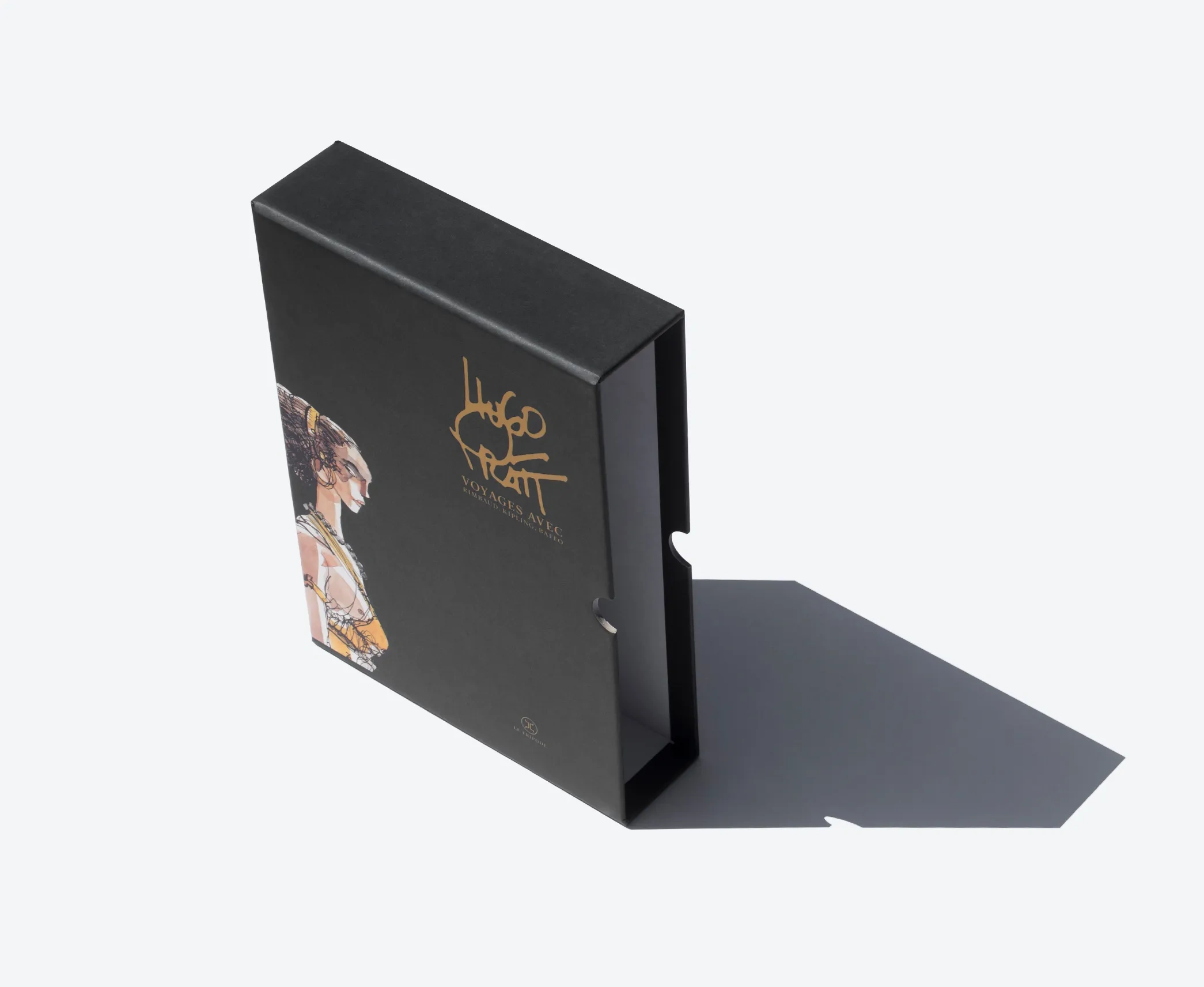 A custom rigid slipcase box featuring Hugo Pratt artwork, designed for luxury book collections and premium packaging.