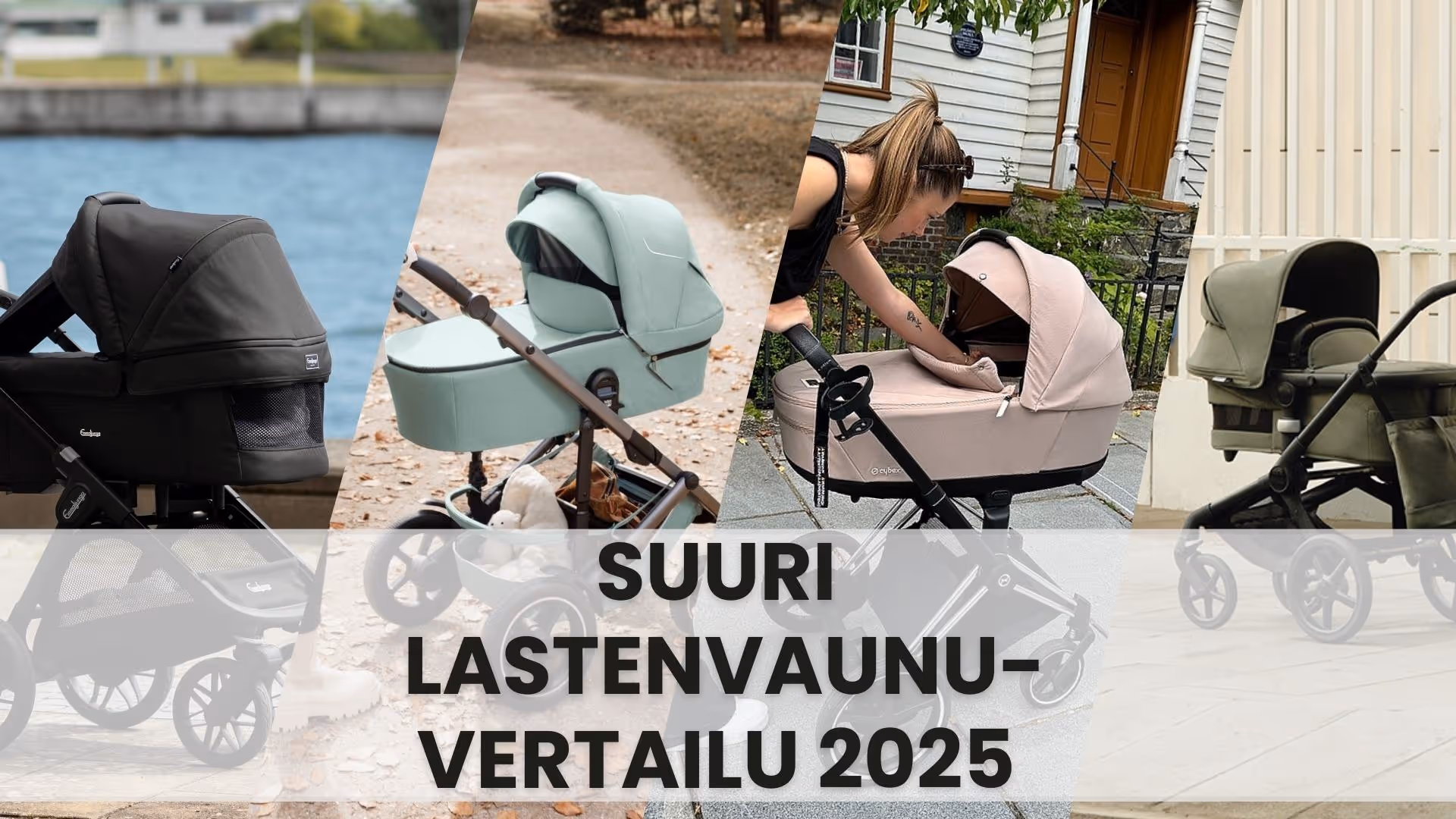 Four different strollers: black Emmaljunga Sento, jade green Britax Smile 5Z, beige Cybex Priam, green Bugaboo Fox5.