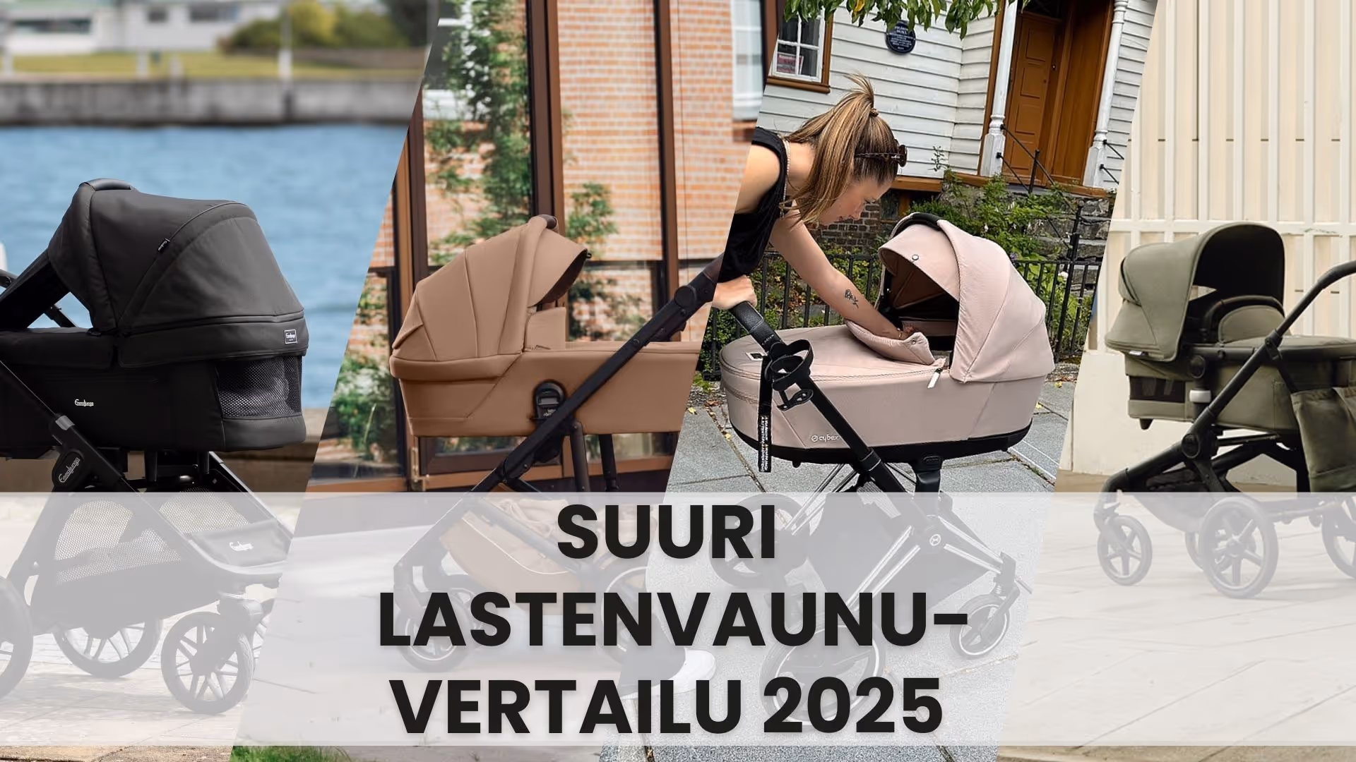 Neljä eri vaunua: Emmaljunga Sento, Britax Smile 5Z, Cybex Priam ja Bugaboo Fox5.