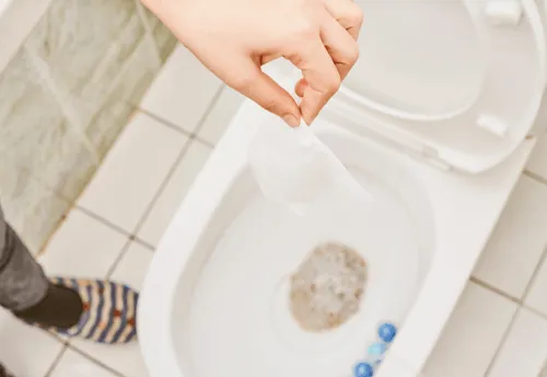 Feuchtes Tuch, das als häufige Ursache einer Rohrverstopfung in der Toilette fungiert.