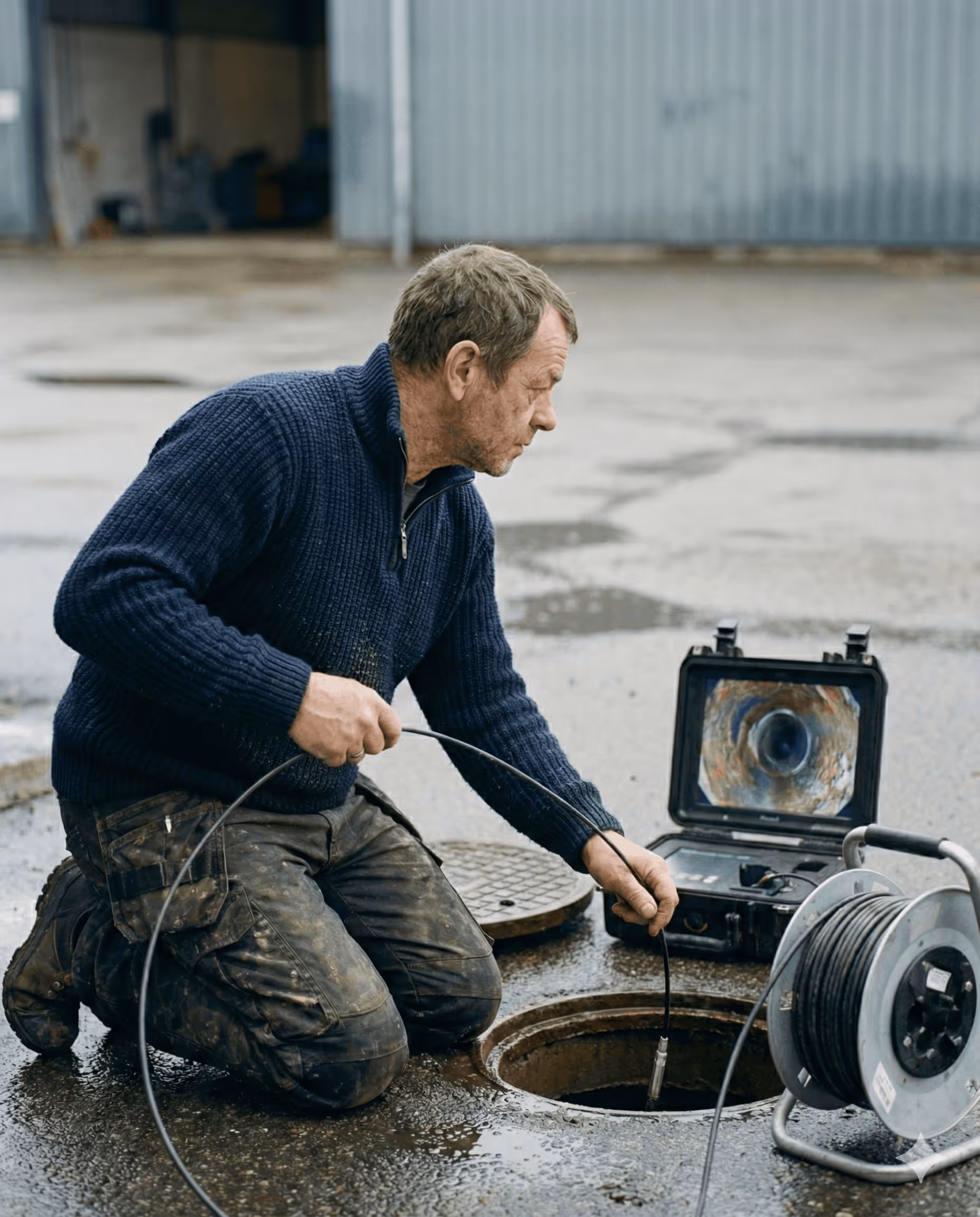 Unser Mitarbeiter kniet neben einem offenen Kanaldeckel und untersucht mit einer Kamera das Abwasserrohr.