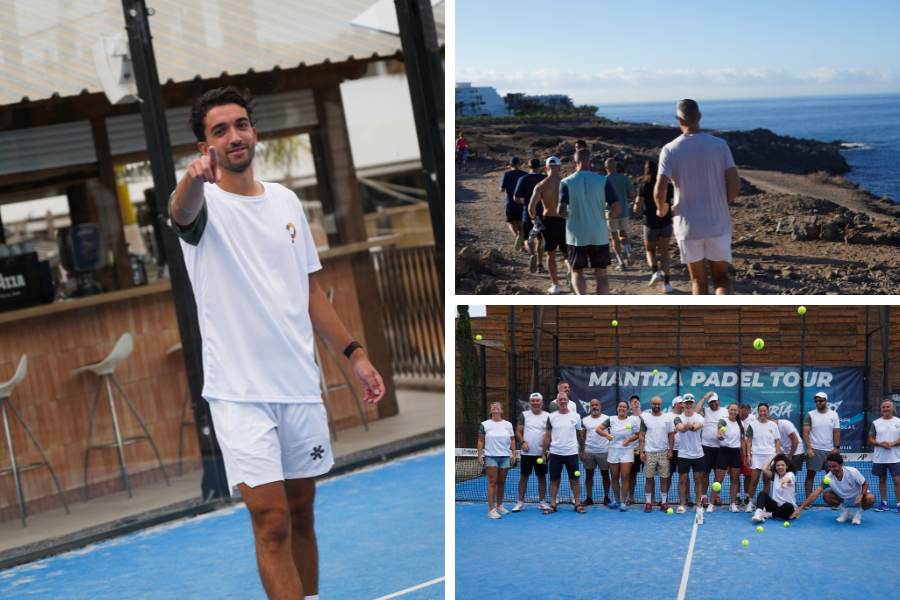 A tennis coach seen from the back throwing a ball