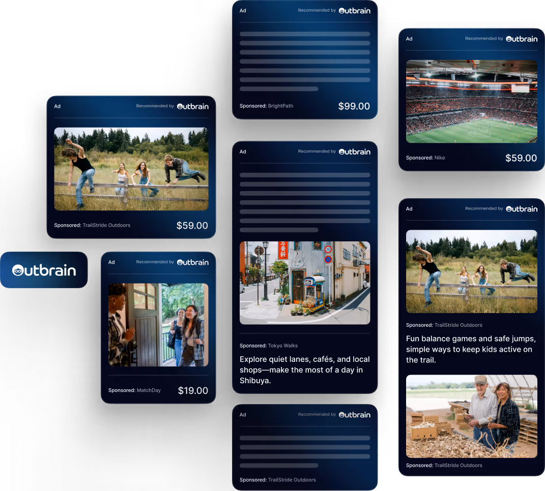 Collection of Outbrain ad cards showing outdoor activities, a soccer stadium, people entering a house, a street with shops, and elderly couple in a farm setting.