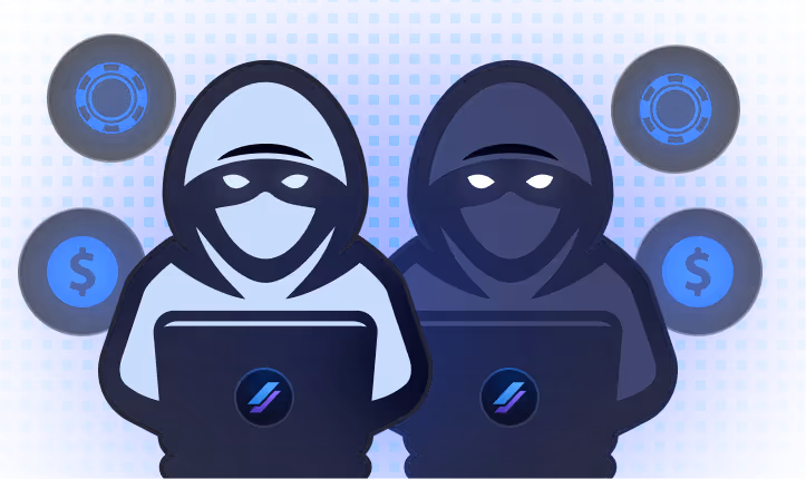 Illustration of two hooded figures wearing masks, one in white and the other in dark gray, each using a laptop with digital currency symbols floating around.