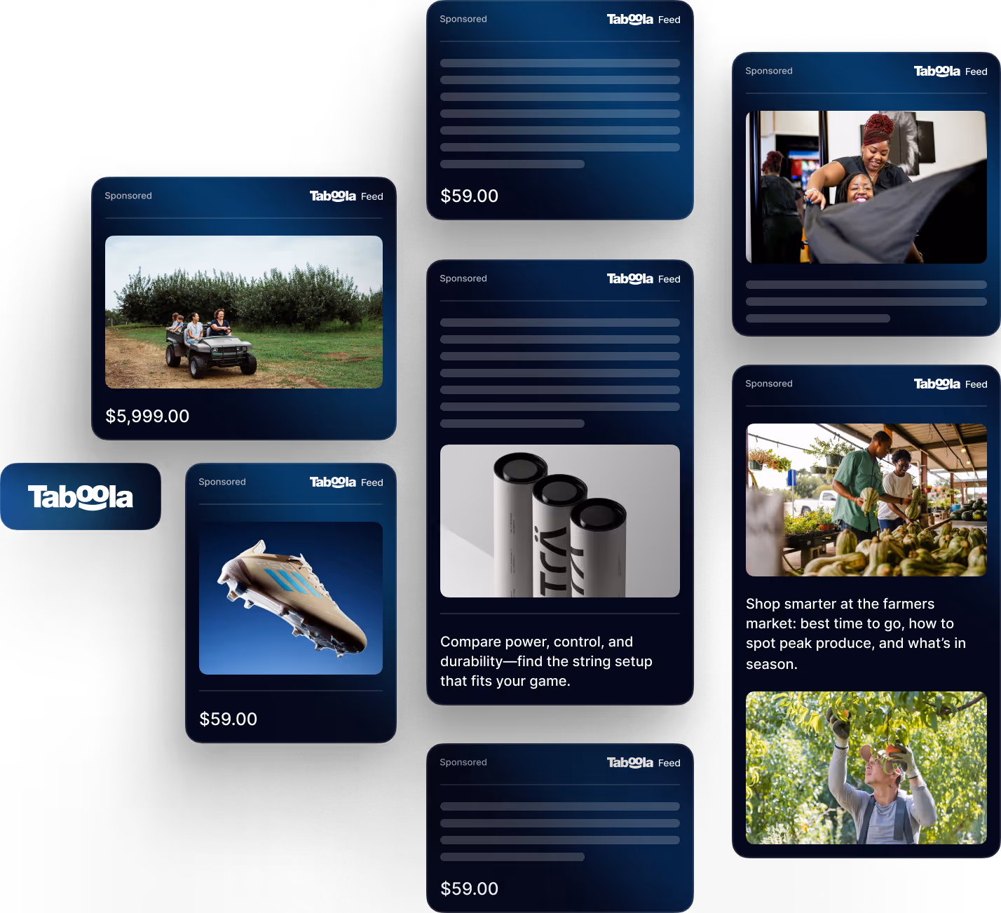 Collage of sponsored Taboola Feed cards showing diverse images and product ads including people riding an ATV, a soccer cleat, three tennis string tubes, hairstylist with client, and farmers at a market.