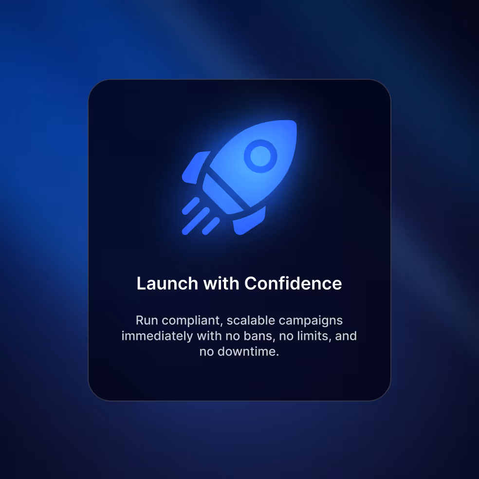 Blue glowing rocket icon above text: Launch with Confidence, run compliant scalable campaigns immediately with no bans, no limits, and no downtime.