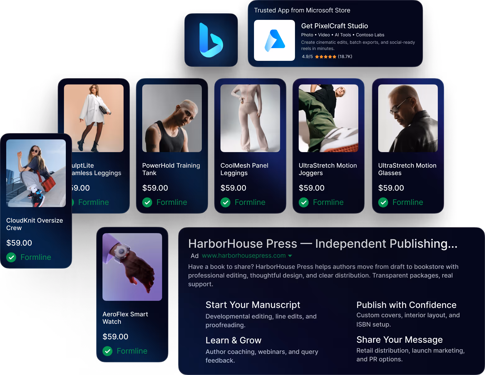 Shopping ad showing products including leggings, tank, joggers, glasses, smart watch, and oversized crew priced at $59 by Formline, plus an ad for PixelCraft Studio and HarborHouse Press publishing services.