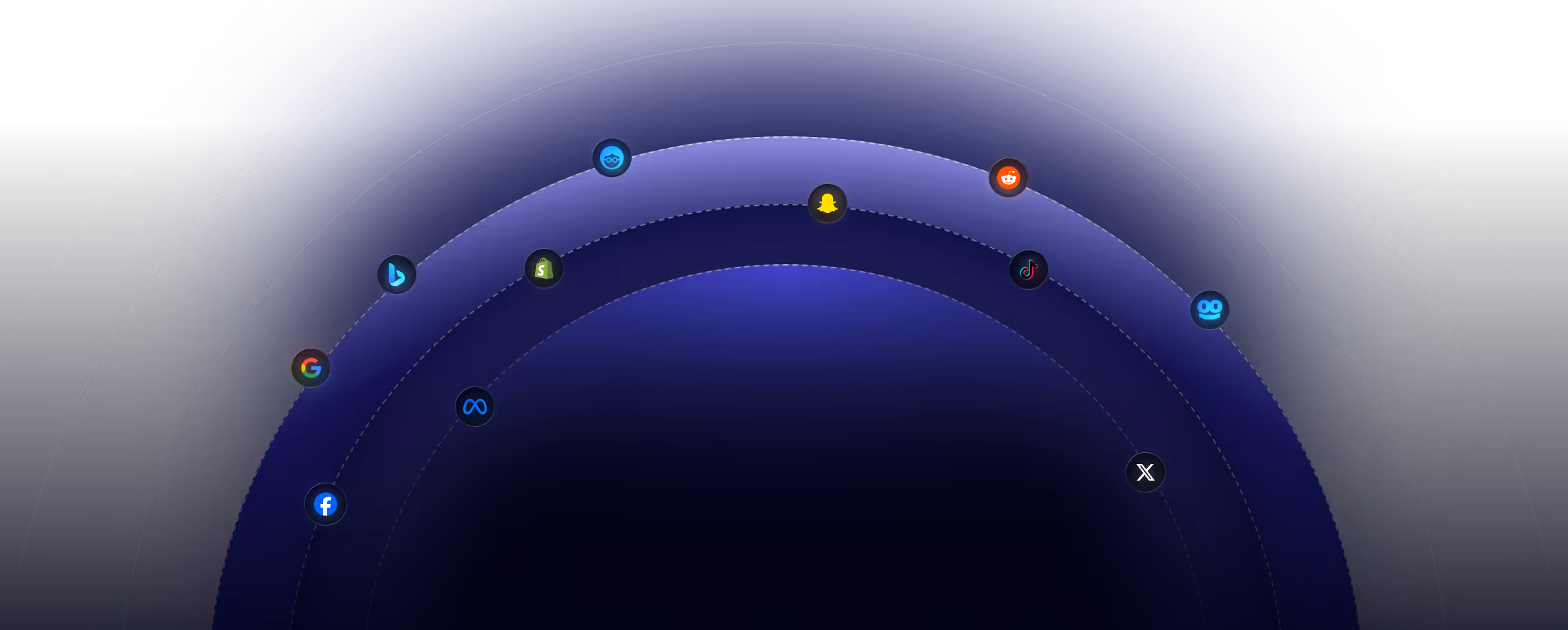 Dark blue background with two concentric semicircles displaying social media and tech company logos including Google, Bing, Facebook, Meta, Shopify, Snap, Reddit, TikTok, and X.