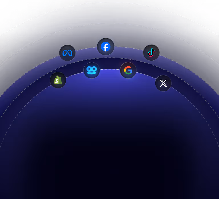Logos of Meta, Facebook, TikTok, Shopify, Meta Quest, Google, and X arranged on concentric circular arcs over a dark blue background.