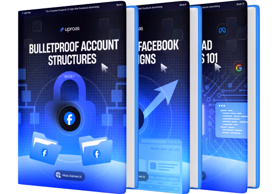 Three blue and white digital marketing eBook covers titled 'Bulletproof Account Structures,' 'Facebook Campaigns,' and 'Agency Ad Accounts 101' standing side by side.