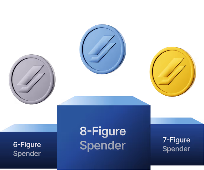 Podium with three levels labeled 6-Figure Spender, 8-Figure Spender, and 7-Figure Spender, topped with bronze, gold, and silver coins respectively.