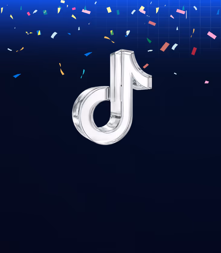 Transparent 3D TikTok logo with colorful confetti falling on a dark blue background.