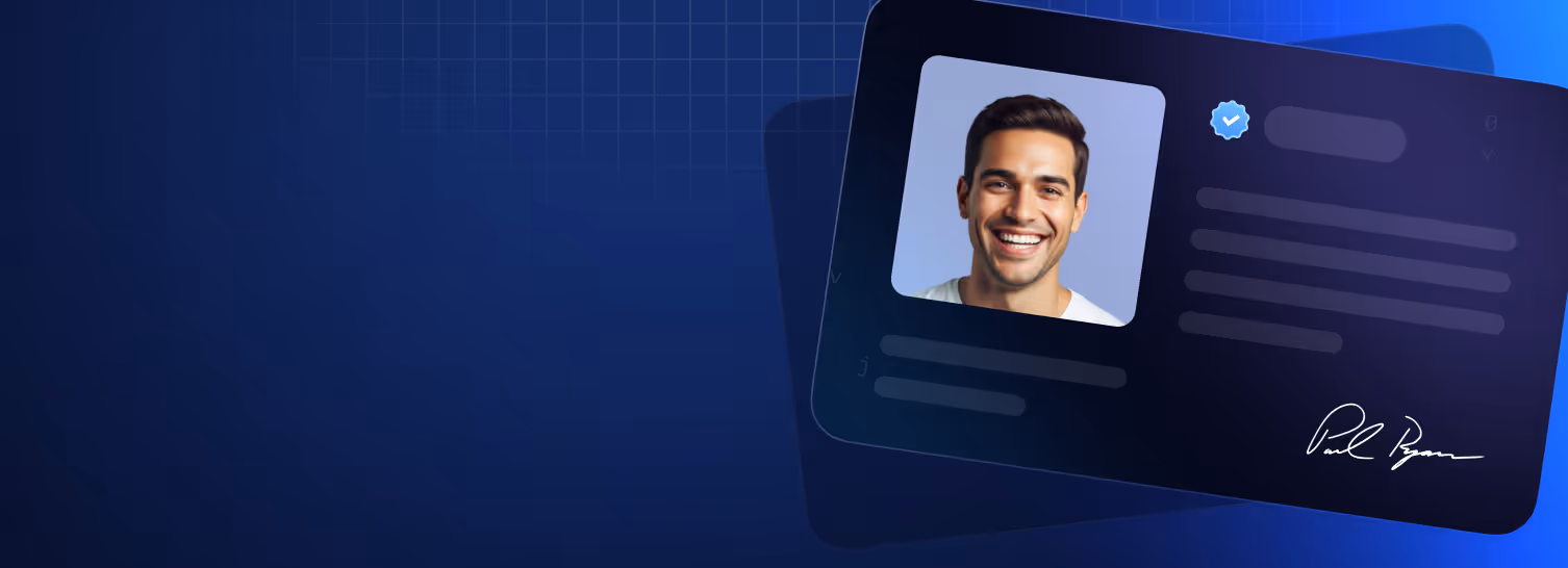 Digital ID card featuring a smiling man’s profile photo with a verification checkmark and signature on a blue background.