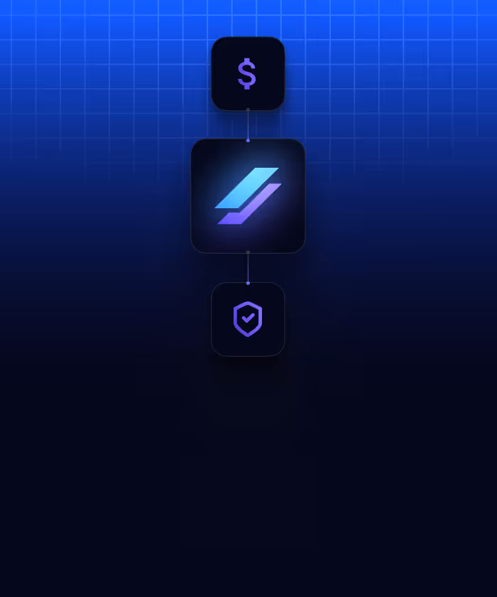 Vertical flowchart with a dollar symbol icon at the top, a stylized blue and purple logo in the center, and a shield with a checkmark icon at the bottom on a blue gradient grid background.