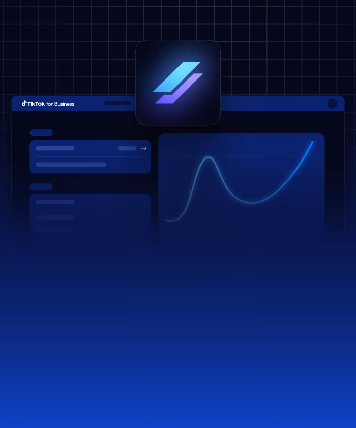 Dark-themed TikTok for Business dashboard with a graph showing an upward trend and a stylized icon above it.