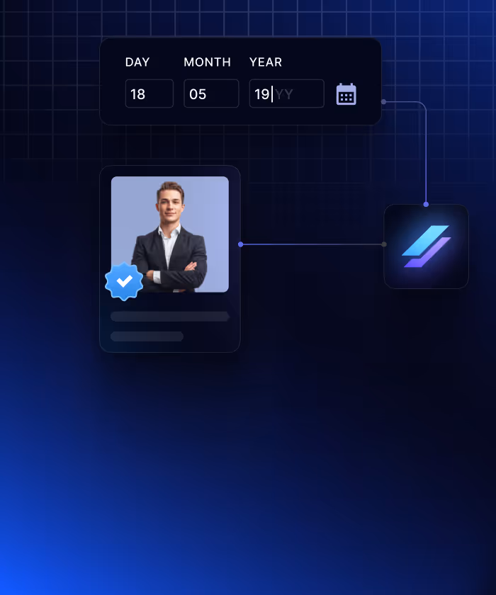 User interface showing date input fields labeled Day 18, Month 05, Year with a calendar icon, connected to a verified profile photo of a man in a suit.