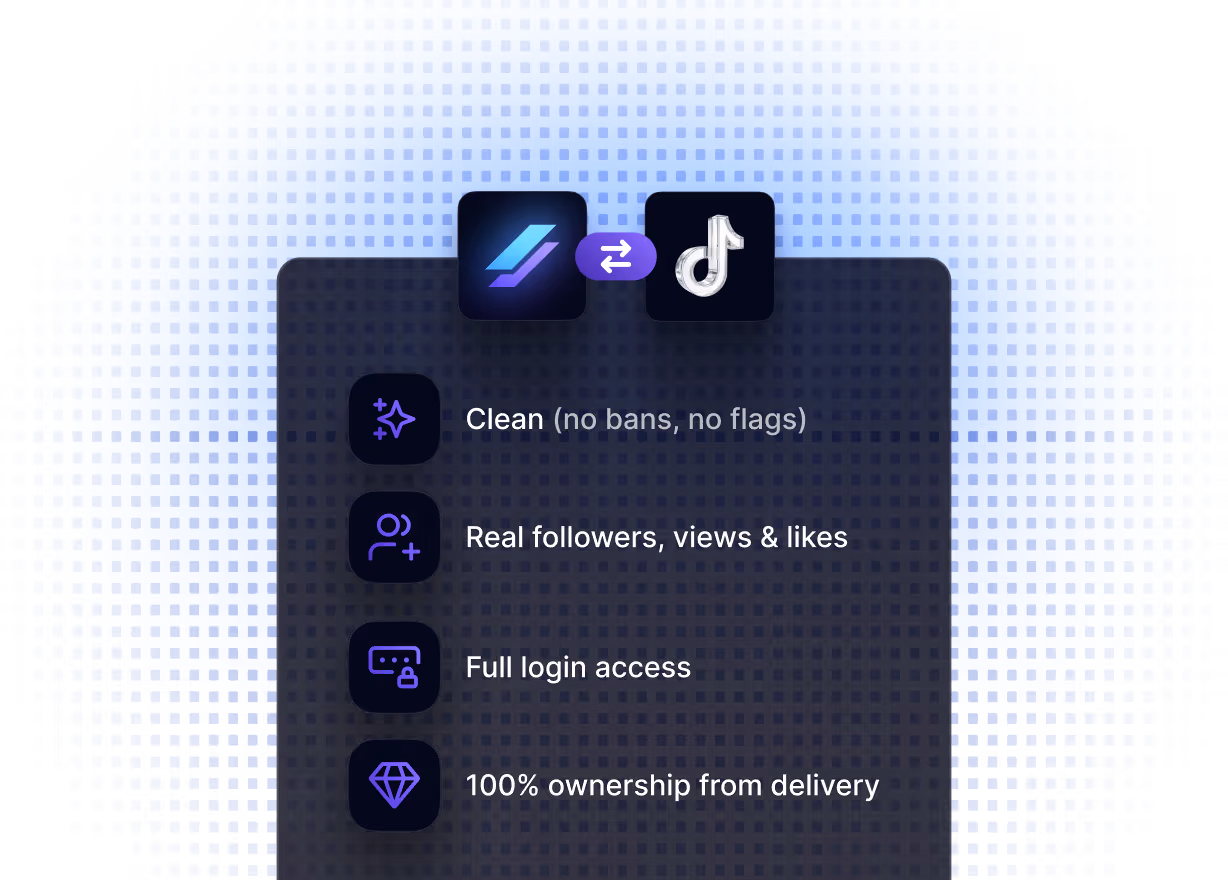 Comparison of features for TikTok accounts: clean history with no bans or flags, real followers with views and likes, full login access, and 100% ownership from delivery.