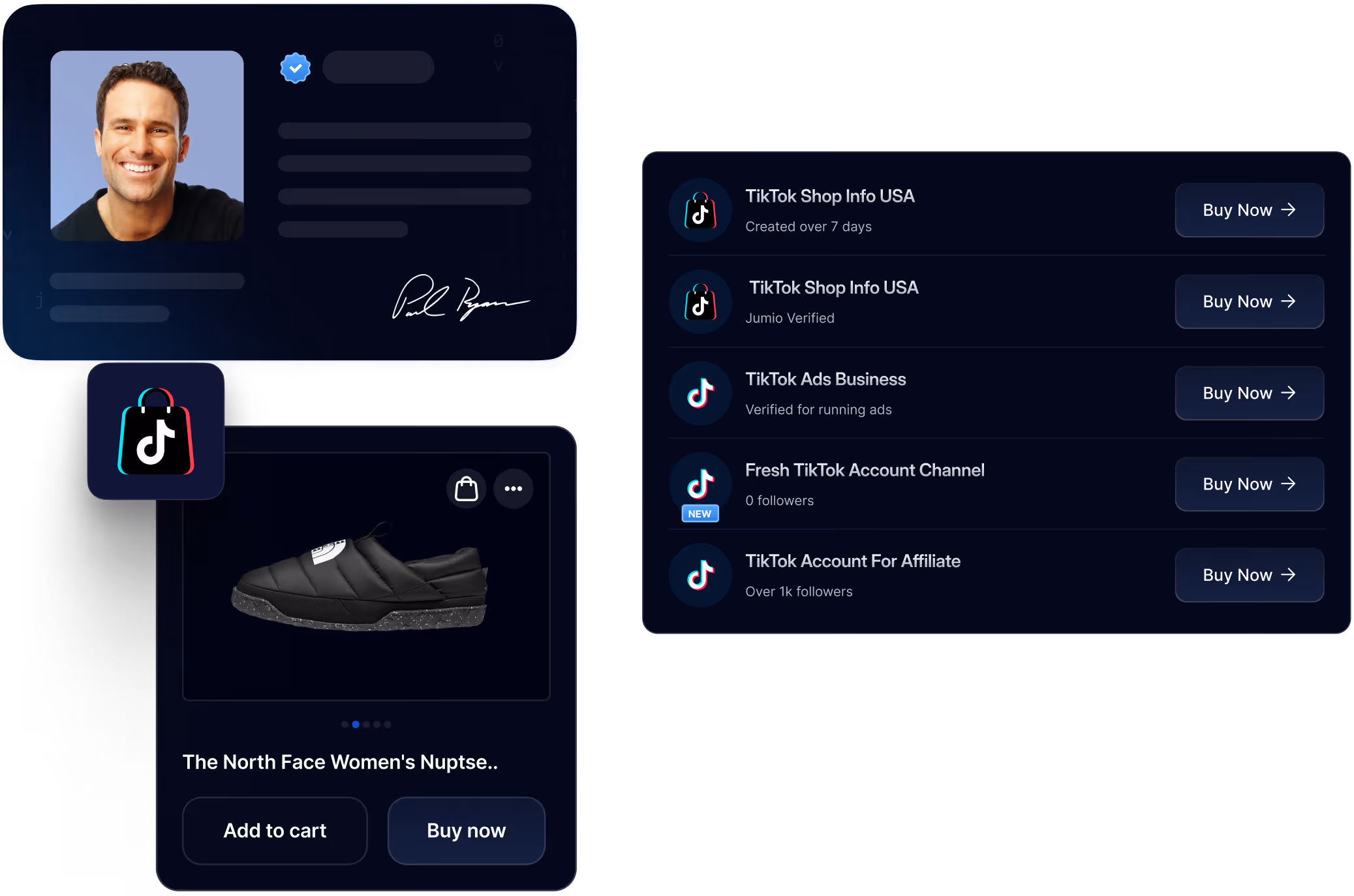 Digital interface showing a smiling man’s profile with verification badge, product listing of a black North Face shoe with add to cart and buy now buttons, and a menu of TikTok account options with buy now buttons.