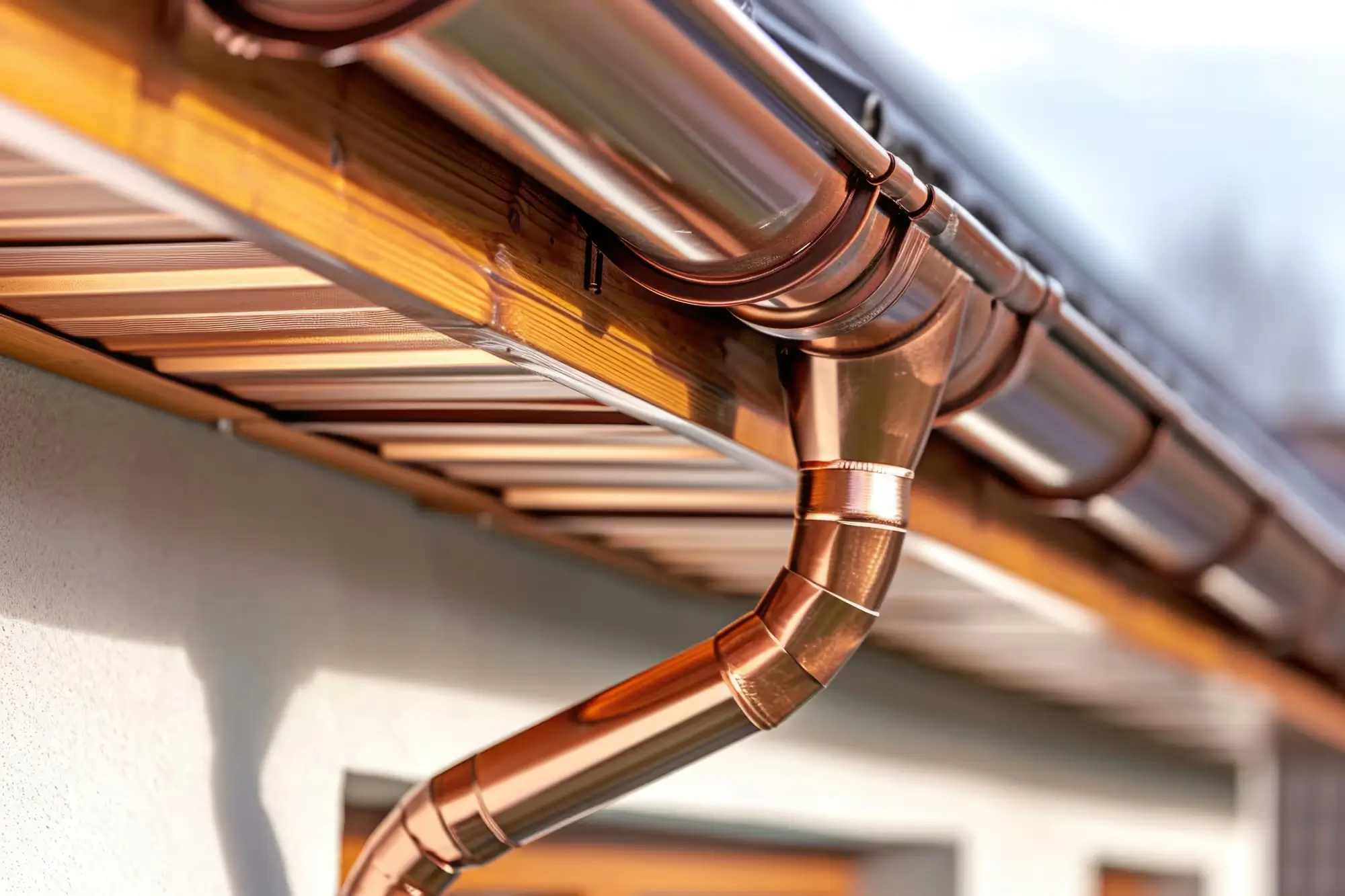 Close-up of copper gutter system installed along a roofline with downspout elbow
