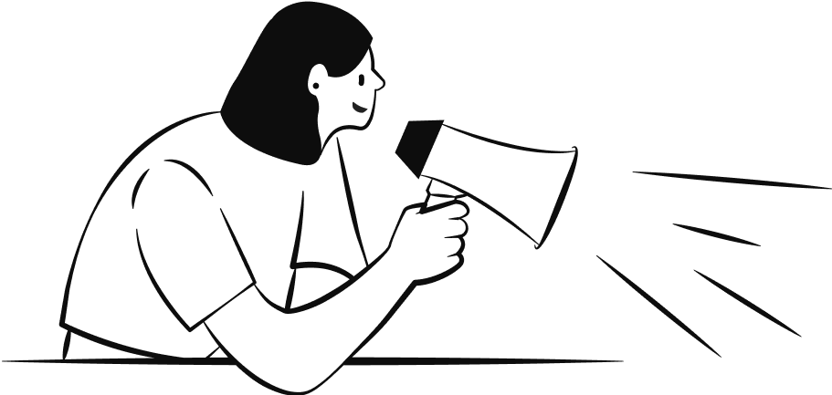 A black and white illustration of a woman, shouting through a megaphone.