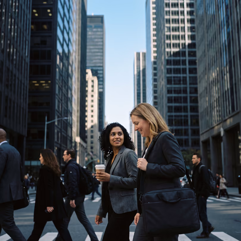 Two women in business attire walking together on a city street, one holding a coffee cup, surrounded by other pedestrians and tall office buildings.