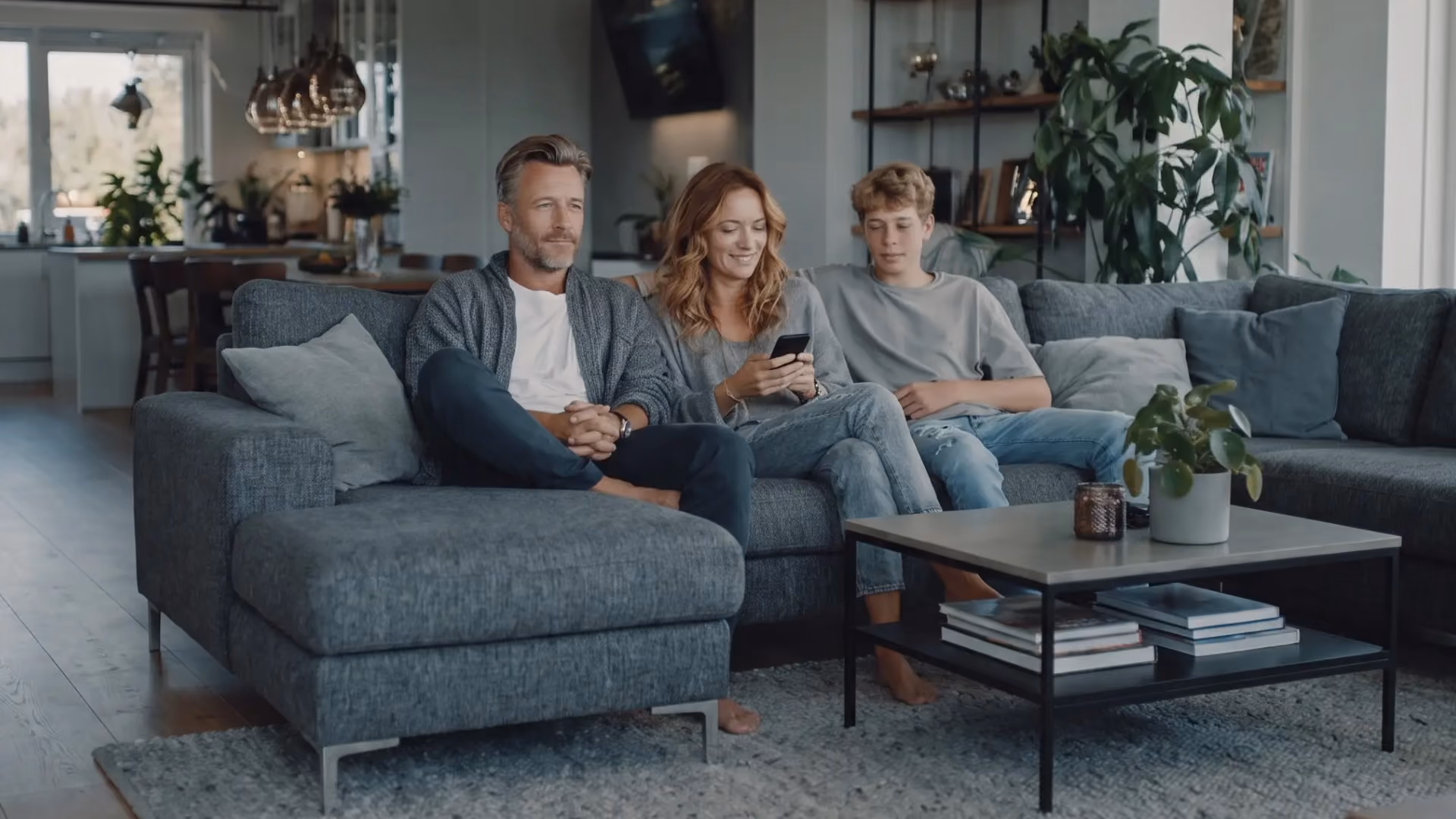 A man, woman, and teenage boy sit together on a gray sectional couch in a modern living room; the woman is holding a smartphone while the man and boy look on, with a coffee table and green plants nearby.