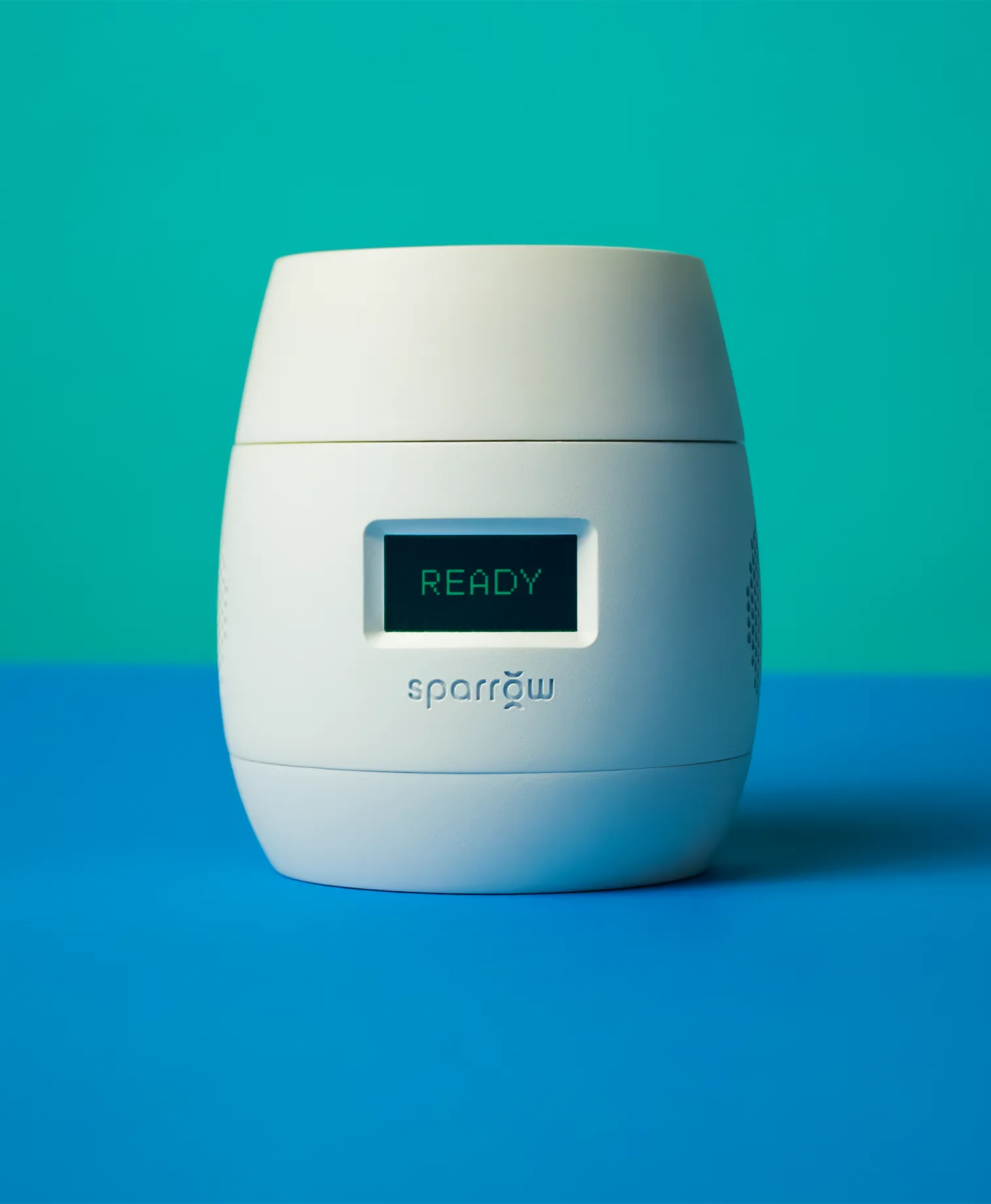 A sparrow device on a blue and teal background.