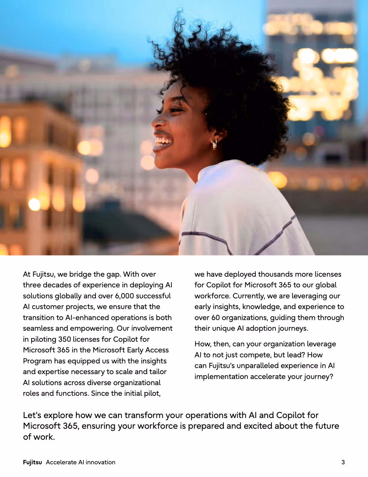 Second page of Fujitsu's introduction which features a 2 column layout with header graphic at the top
