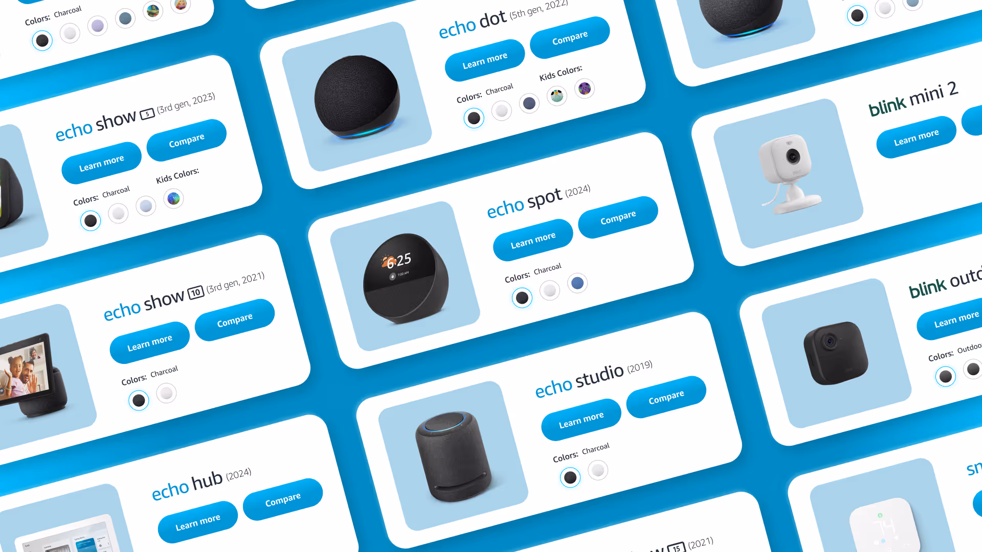 Grid of many product detail cards hovering over a blue background. 