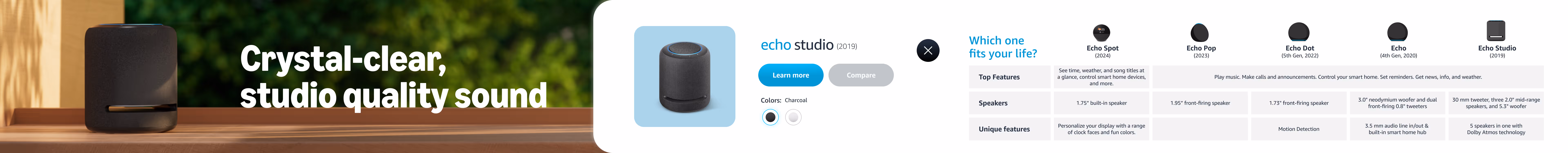 Product chart for echo studio comparing against 4 other products from the same category