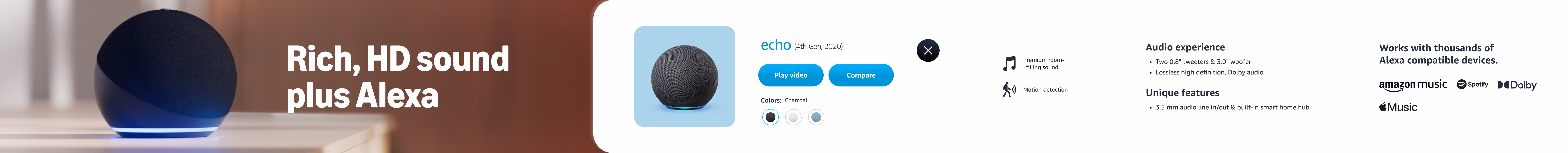Product detail page for flagship echo device with key selling points, features, and compatible services