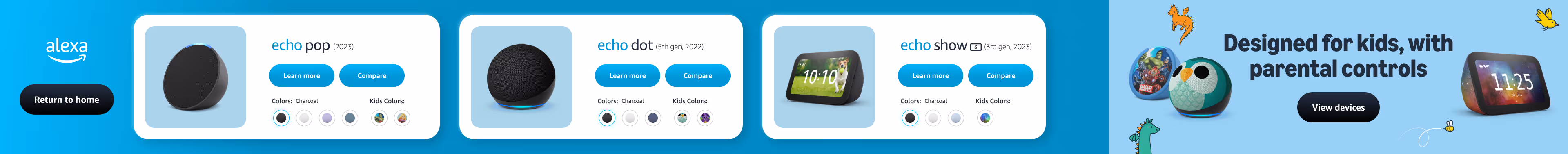 Digital merchandise strip shows 3 amazon products and a banner promoting kids products