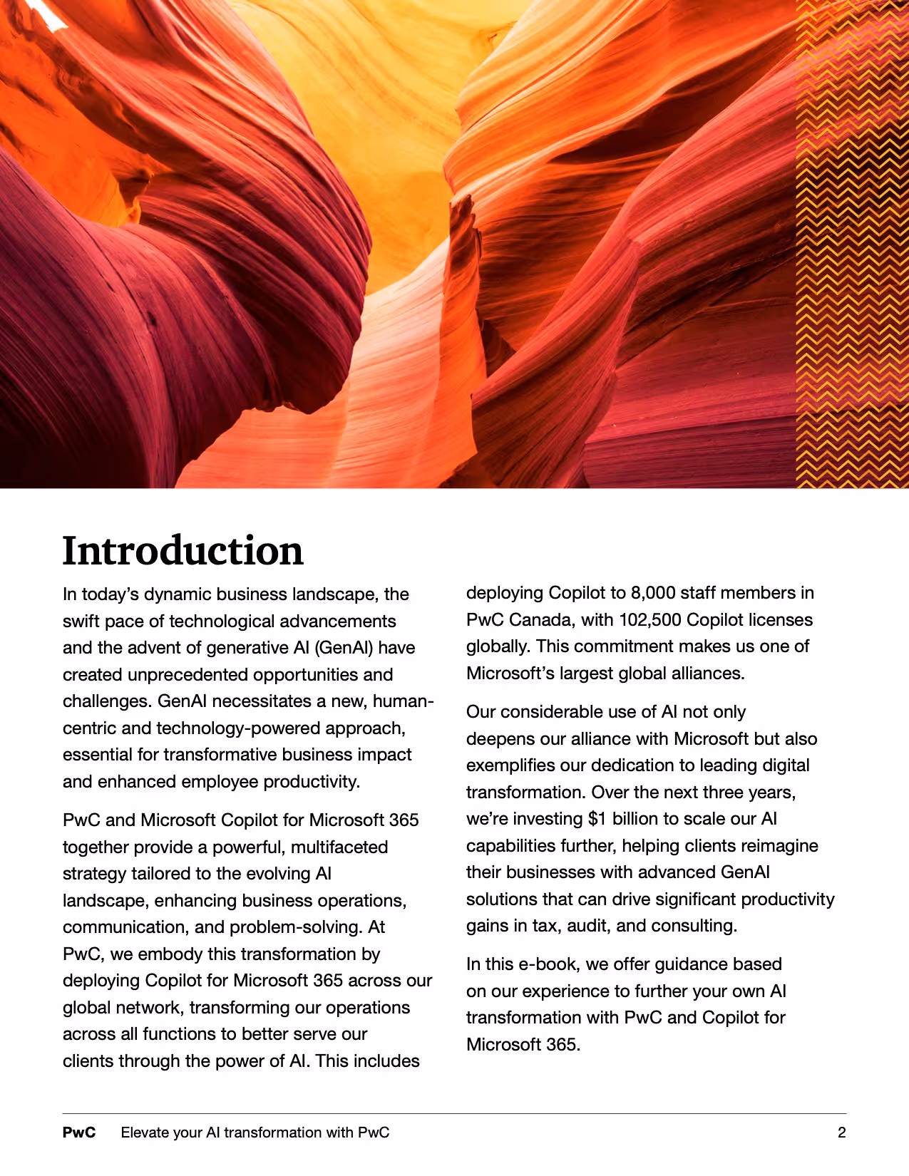 Introduction page with 2 columns explaining how generative AI is impacting the business landscape. The top third has an abstract crop of a vibrant reds, oranges, and yellows of a cliffside