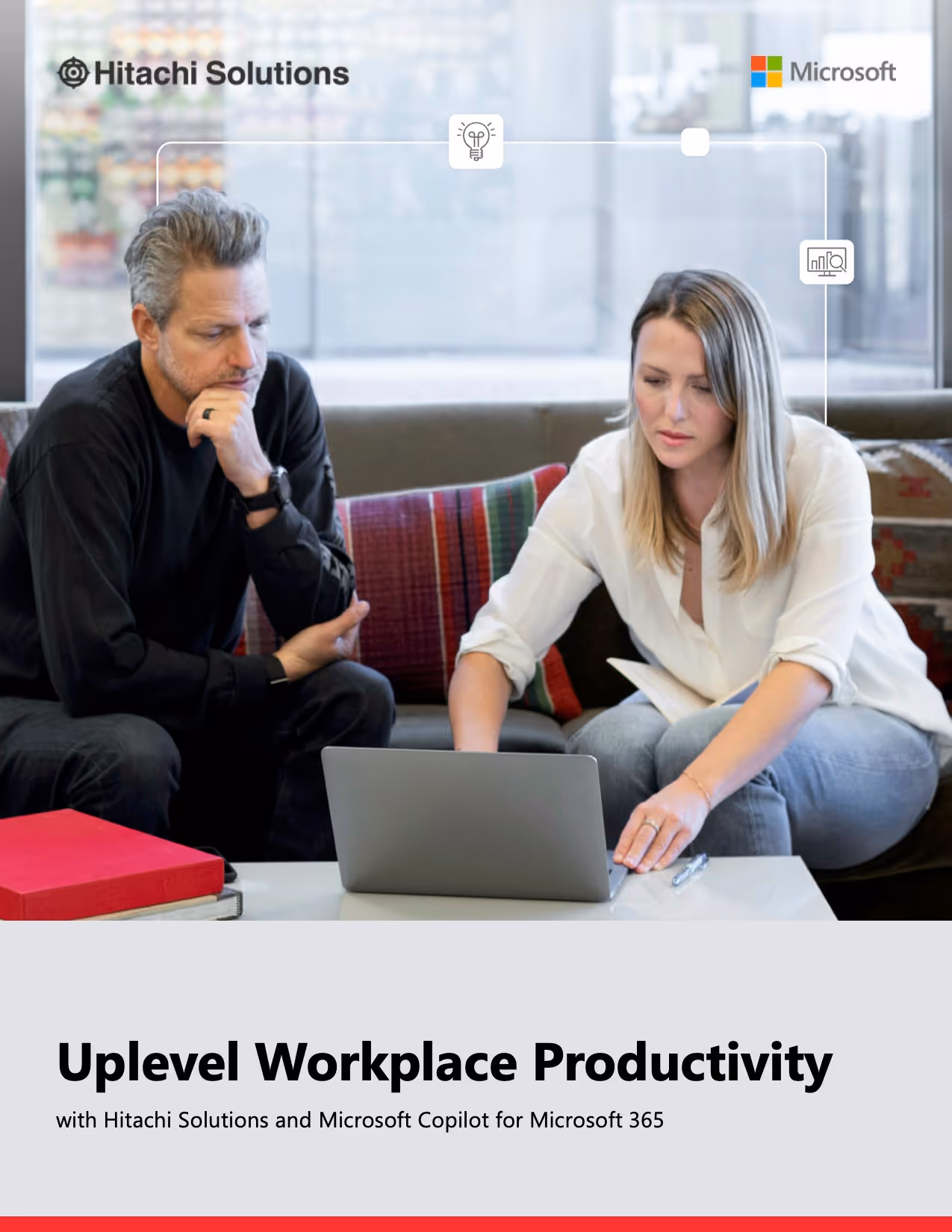 Ebook cover reads 'uplevel workplace productivity with Hitachi solutions and copilot for Microsoft 365'