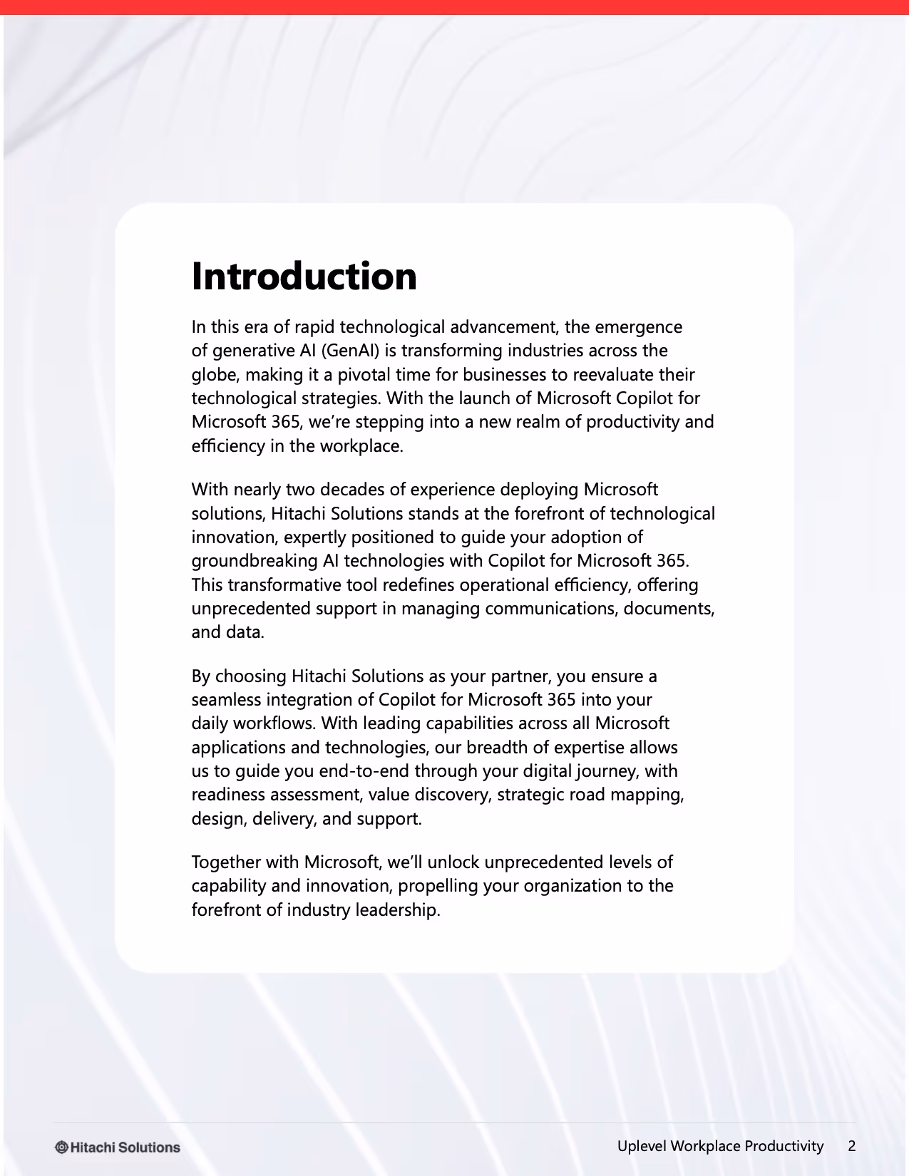 Ebook interior page reading introduction. The contents explain why a business should partner with Hitatchi solutions for integrating copilot into their work.