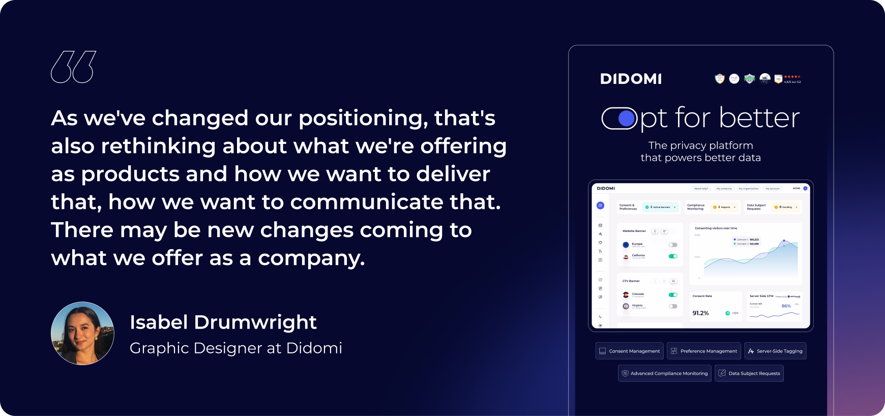 "As we've changed our positioning, that's also rethinking about what we're offering as products and how we want to deliver that, how we want to communicate that. There may be new changes coming to what we offer as a company." -Isabel Drumwright, Graphic Designer at Didomi