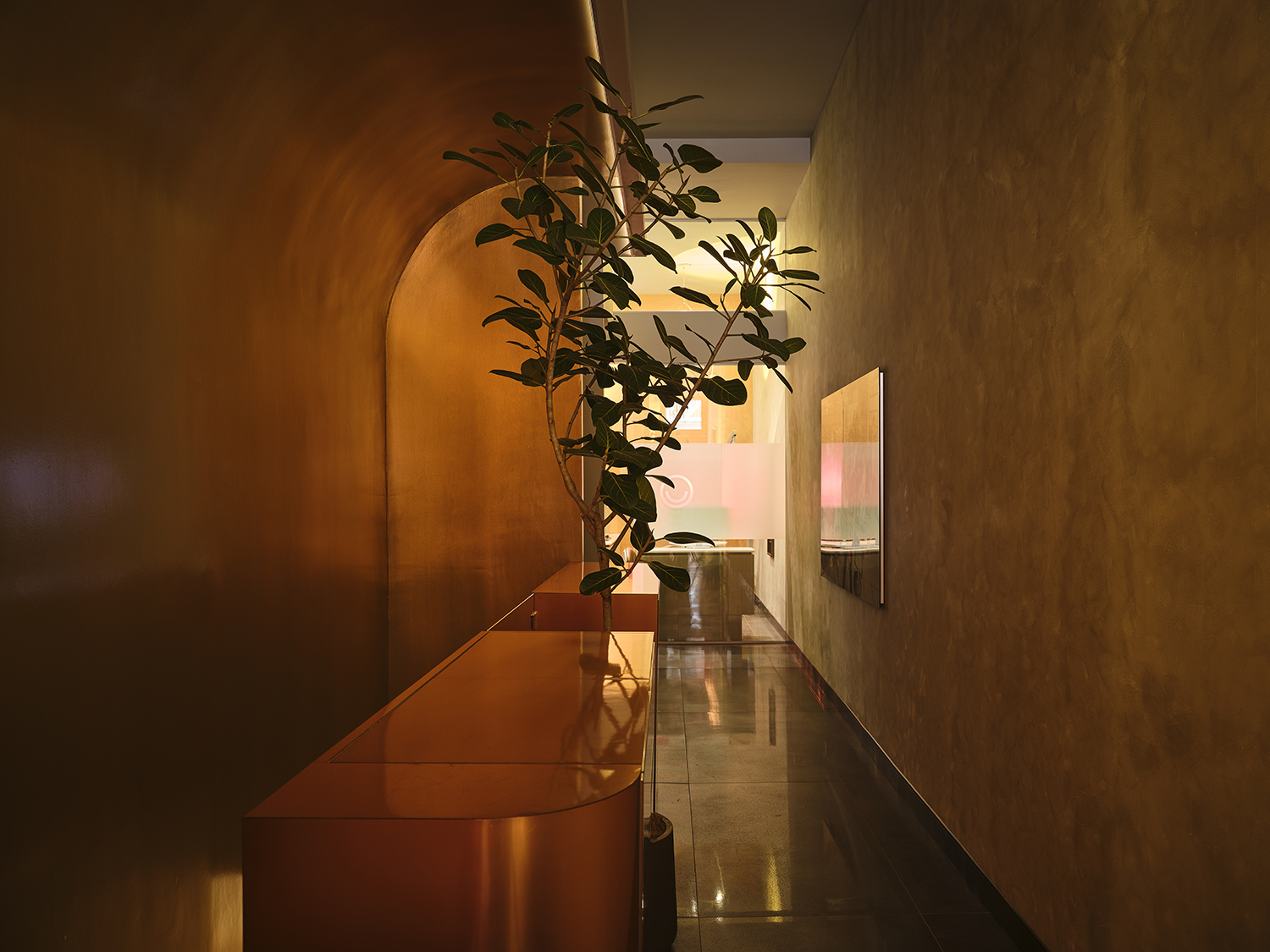 Bronze-clad corridor at Smile House with a ficus tree and polished stone floor