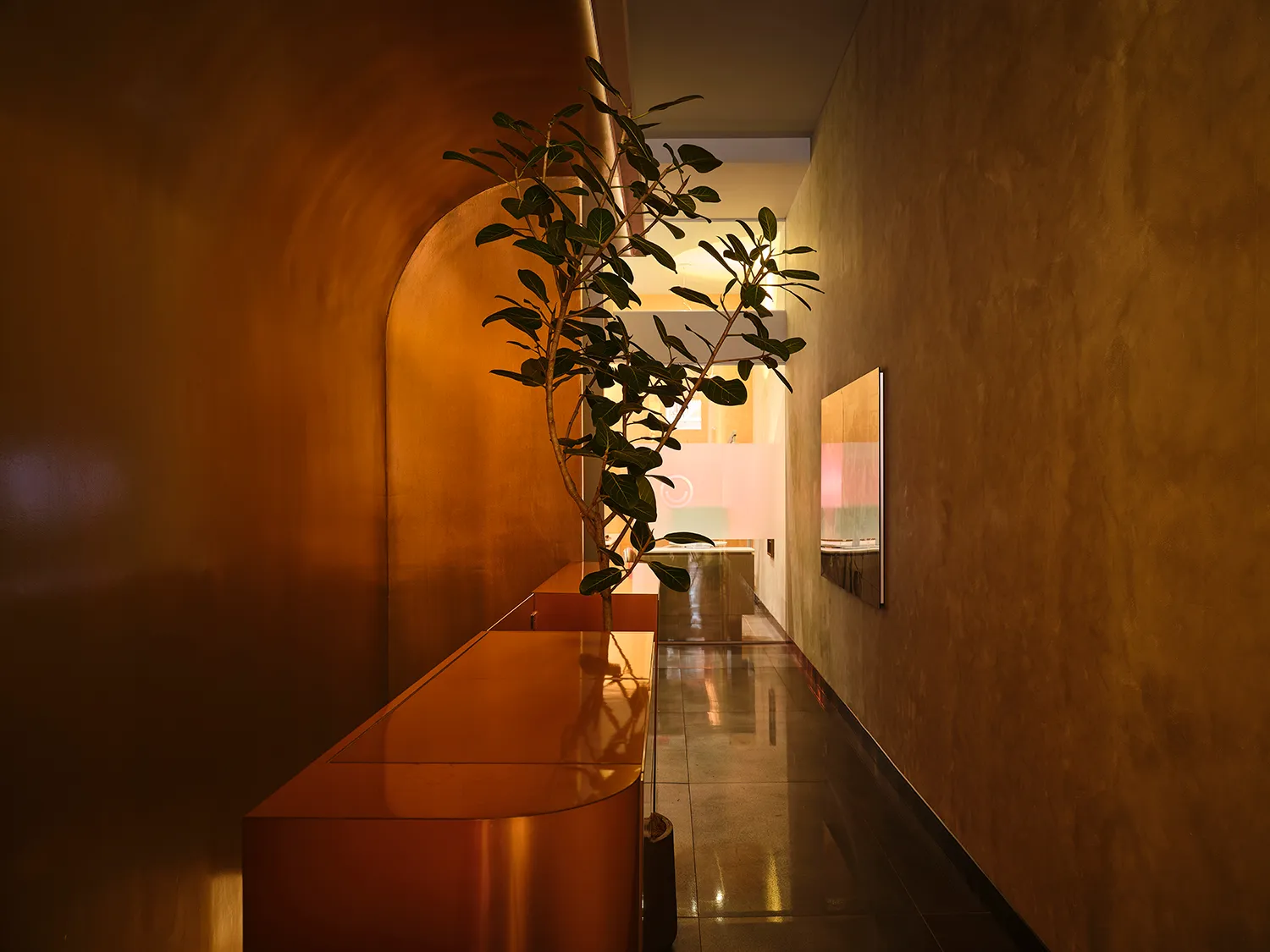 Bronze-clad corridor at Smile House with a ficus tree and polished stone floor