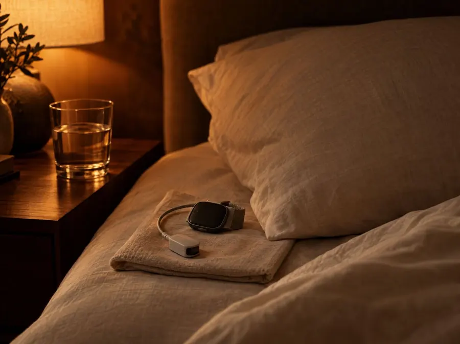 A small home sleep test device resting on linen beside a pillow at night